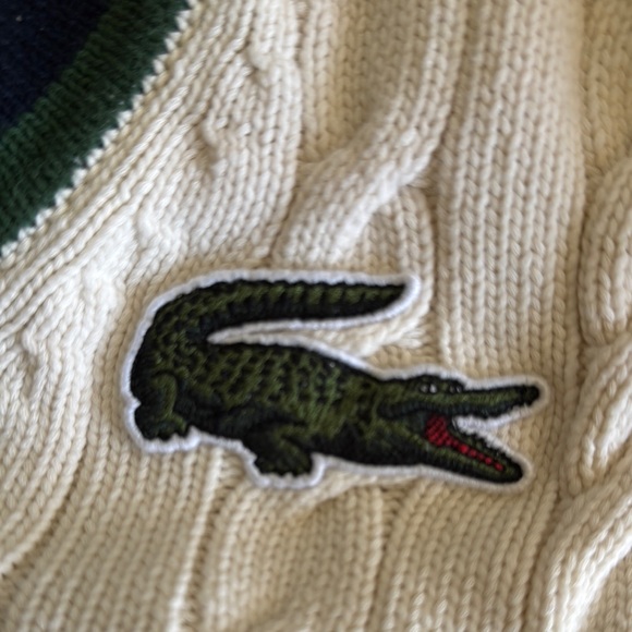 Lacoste White and Green V-Neck Sweater Cable Knit - Picture 3 of 3